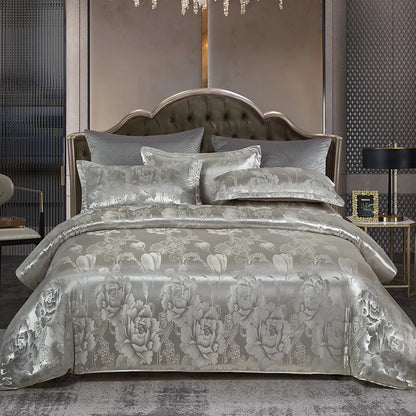 Floral Jacquard Satin Duvet Cover Set Queen 3 Piece Luxury Silk Like Bedding Comforter Covers with Zipper Closure & Corner Ties