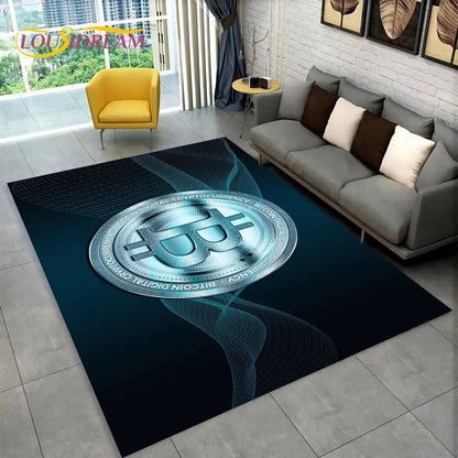 3D Bitcoin Virtual Currency Area Rug Large, Carpet Rug for Living Room Bedroom Sofa Playroom Doormat Decor, Kid Non-slip Floor Mat