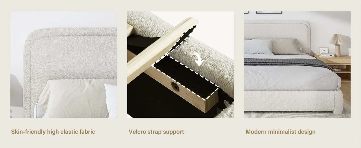 King and Headboard,Boucle Upholstered Platform Bed Frame,Modern Style,Soft Rounded Corners,No Box Spring Required,Easy