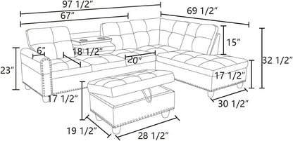 Shaped Sectional Couch with 70" Chaise Lounge, 98" Faux Leather Upholstered Modular Sofas with Right Armrest, Button Tufted