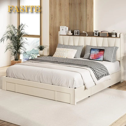 Queen Size Bed Frame with 3 Drawers, Upholstered Platform Beds with Storage Headboard and Charging Station