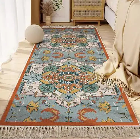 Morocco Bedroom Living Room Bedside Carpet Floor Mat Floral Kilim Cotton Linen Rectangular Rug Persian Tassel Carpet Tapis