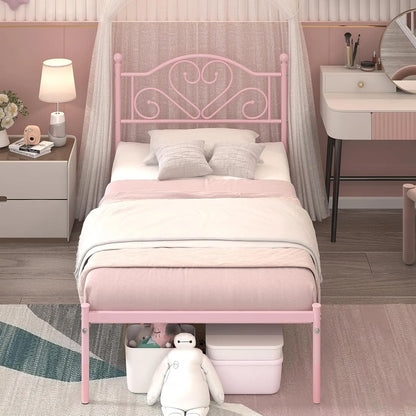 Full Size Bed Frame with Headboard, Heavy Duty Steel Slat Support Platform Under Bed Storage Space No Box Spring Needed, White
