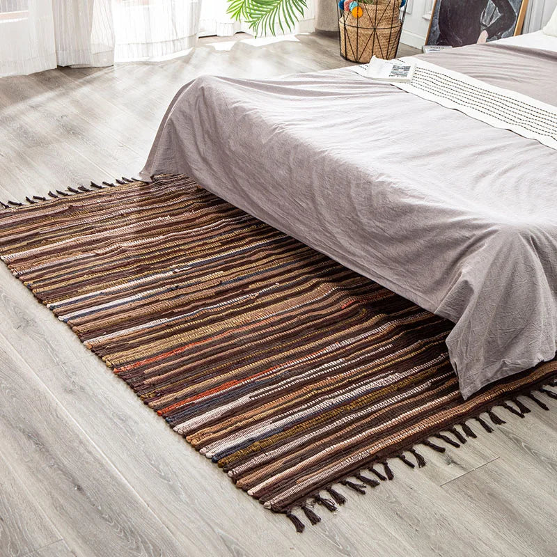Cotton Tassel Carpet Rug Handmade Bedroom Rug Bedside Floor Mat Entrance Doormat Stripe Kitchen Mat Machine Washable Bath Rug