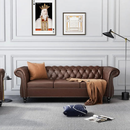 Chesterfield Sofa Leather for Living Room, 3 Seater Sofa Tufted Couch Faux Leather with Rolled Arms and Nailhead for Living Room