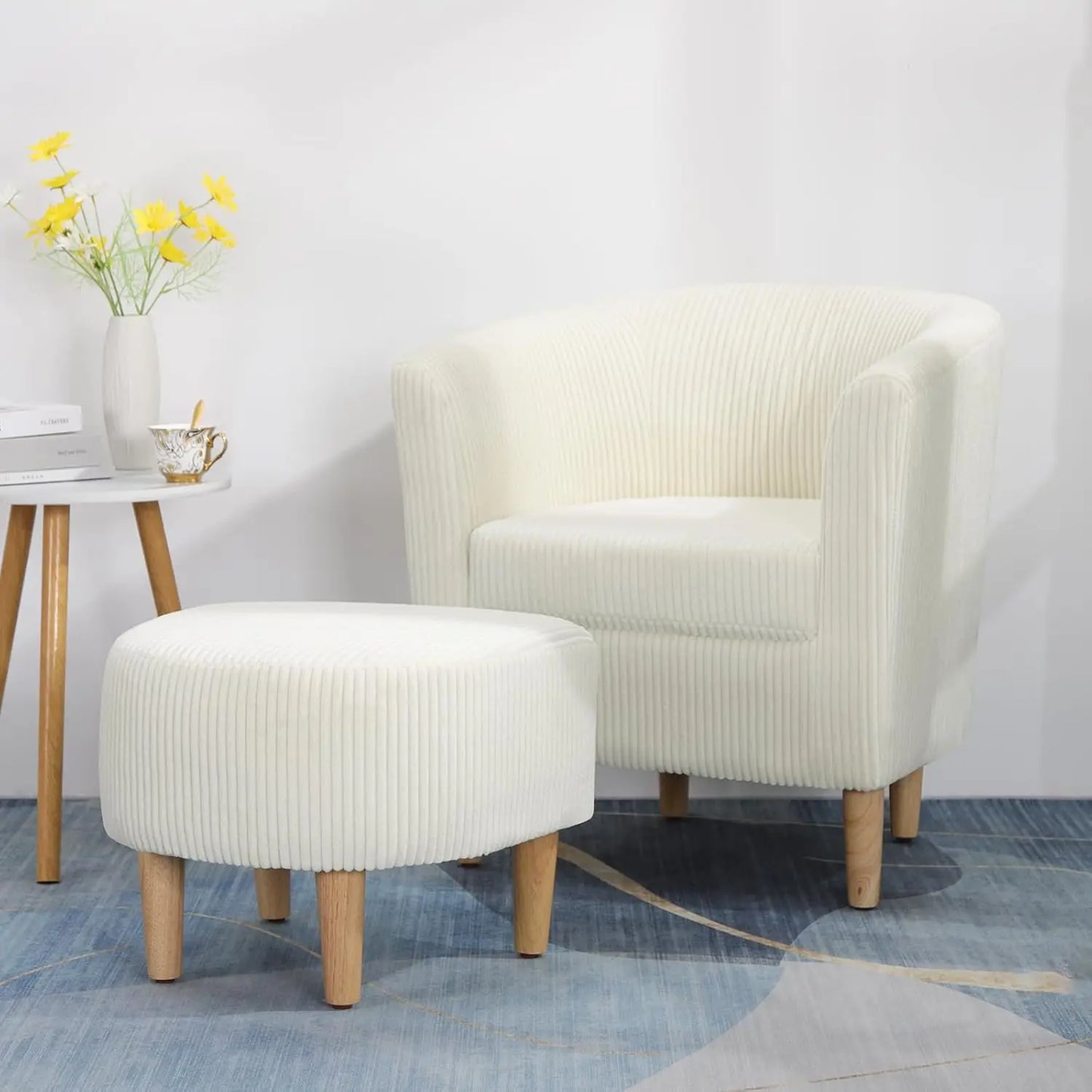 Accent Chair, Sherpa Chair White Fluffy Chair Teddy Barrel Chair with Ottoman Comfy ArmChair Footrest Set