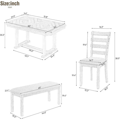 6 Pieces Dining Table Set with Bench, Rectangle Dining Table with 4 Upholstered Chairs & A Bench, Rubber Wood Dining Table Set