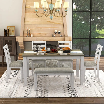 6 Pieces Dining Table Set with Bench, Rectangle Dining Table with 4 Upholstered Chairs & A Bench, Rubber Wood Dining Table Set