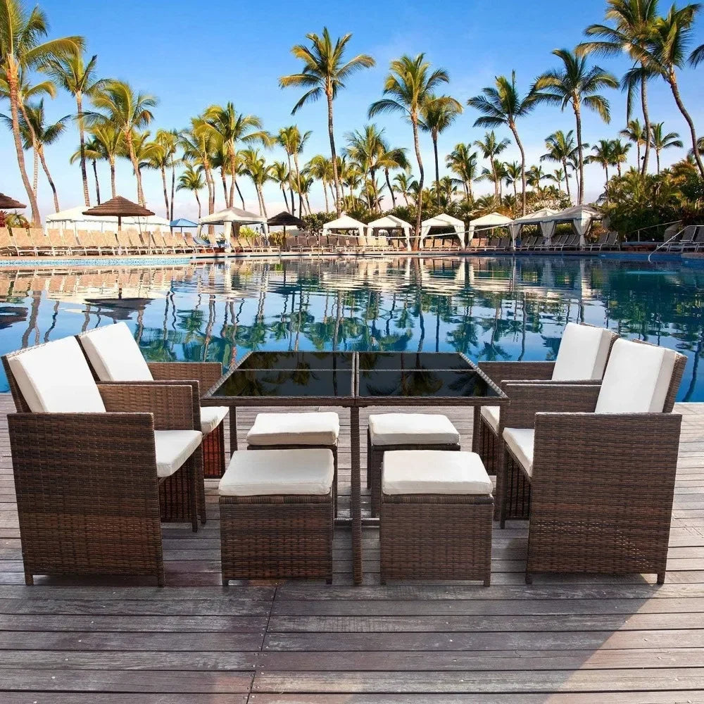 9 Pieces Patio Dining Sets Outdoor Space Saving Rattan Chairs with Glass Table Patio Furniture Sets Cushioned Seating (Beige)