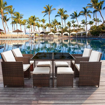 9 Pieces Patio Dining Sets Outdoor Space Saving Rattan Chairs with Glass Table Patio Furniture Sets Cushioned Seating (Beige)