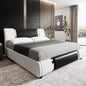 Modern Faux Leather Upholstered Platform Bed Frame with Golden Iron Metal Decor, Adjustable Curved Headboard, Queen Size, White