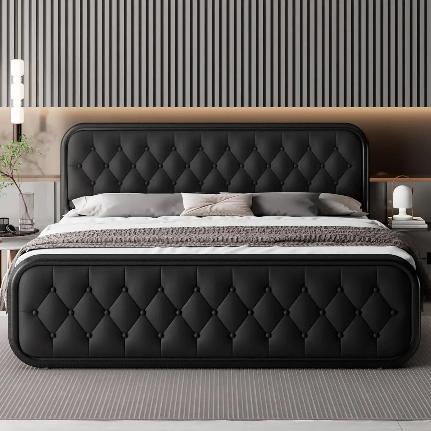 Heavy Duty Bed Frame with Faux Leather Headboard, Upholstered Platform Bed with Strong Metal Slats, 12" Under-Bed Storage