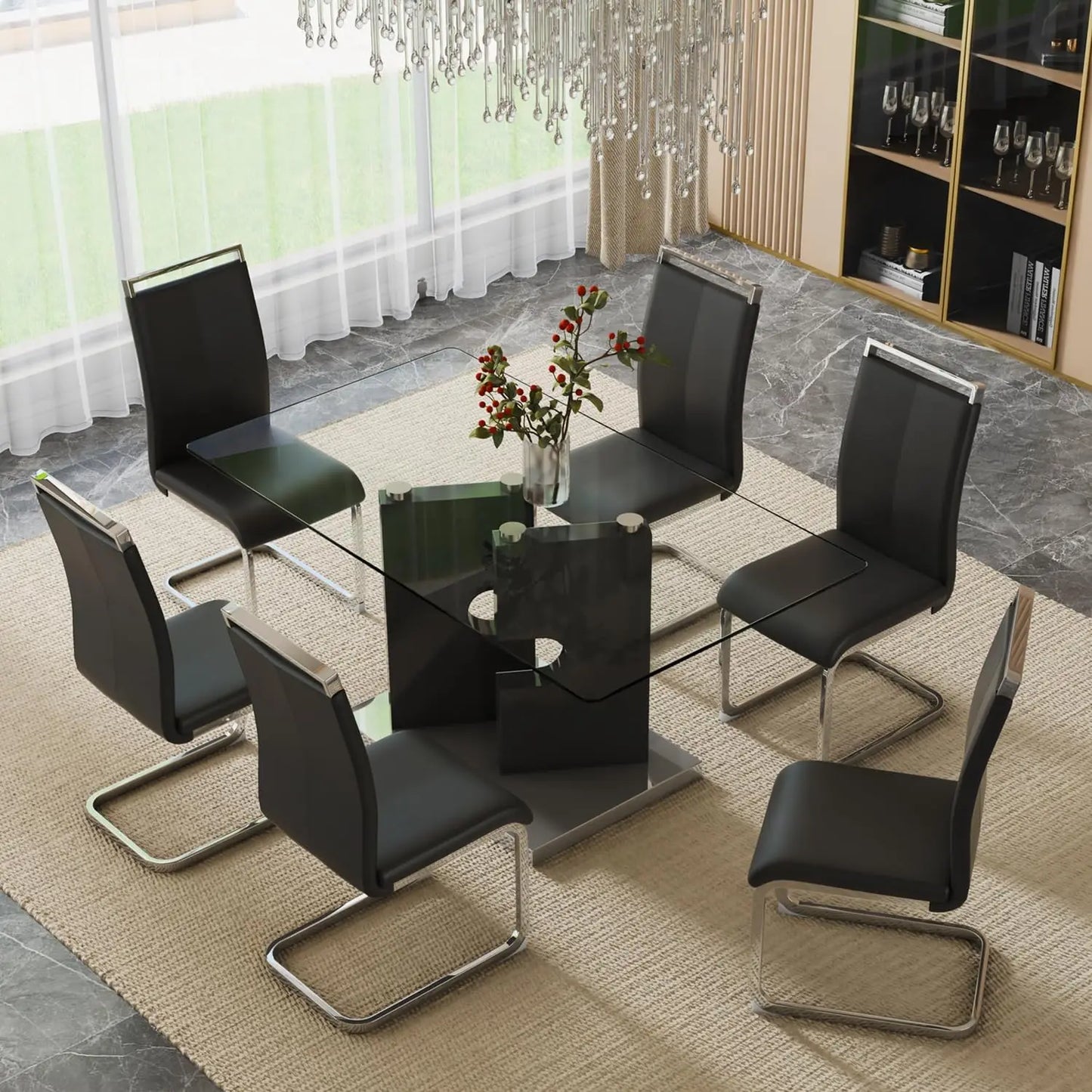 Modern dining table set for 6 people, glass table with 6 faux leather chairs, kitchen display table, suitable for living room