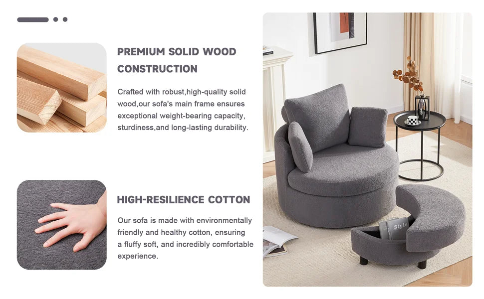 Round Oversized Swivel Barrel Chair with Base Storage for Living Room, 360°Modern Swivel Accent Chair with 3 Pillows for Home