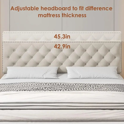 King Size Bed Frame with 4 Storage Drawers, Modern Upholstered Platform Bed with Wood Slat Support,No Box Spring Needed(Beige)