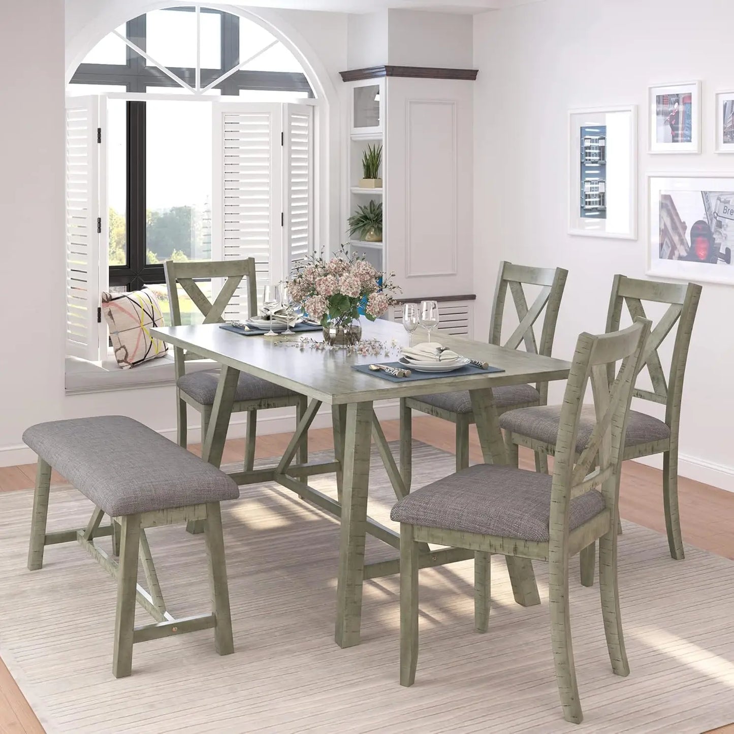 6 Pieces Dining Table Set with Bench, Rectangle Dining Table with 4 Upholstered Chairs & A Bench, Rubber Wood Dining Table Set
