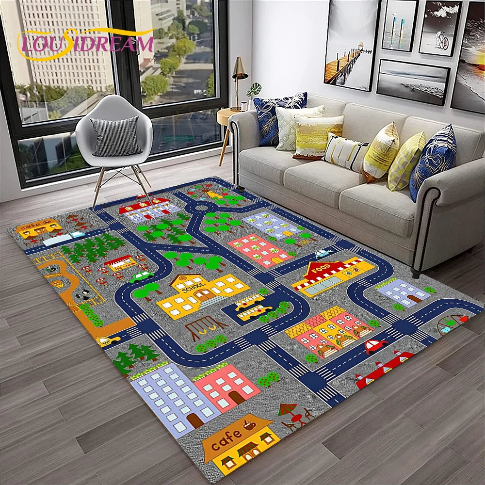 Child Playmat Traffic Highway City Playroom Carpet Rug for Home Living Room Bedroom Doormat Decor, Area Rug Non-slip Floor Mat