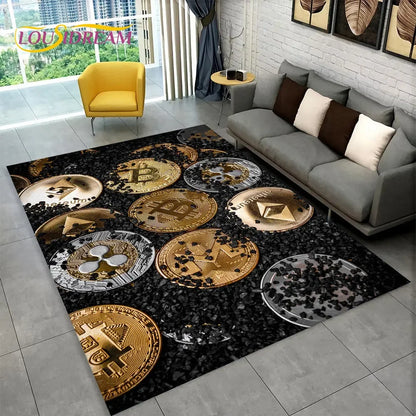 3D Bitcoin Virtual Currency Area Rug Large, Carpet Rug for Living Room Bedroom Sofa Playroom Doormat Decor, Kid Non-slip Floor Mat