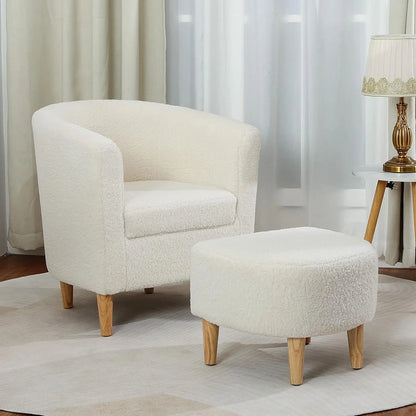 Accent Chair, Sherpa Chair White Fluffy Chair Teddy Barrel Chair with Ottoman Comfy ArmChair Footrest Set