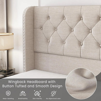 King Size Bed Frame with 4 Storage Drawers and Tufted Headboard Linen Upholstered Platform Bed Frame Wingback Beds.