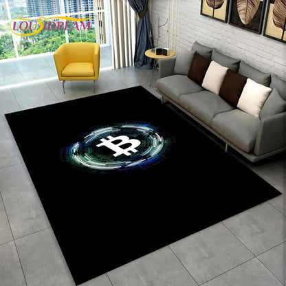 3D Bitcoin Virtual Currency Area Rug Large, Carpet Rug for Living Room Bedroom Sofa Playroom Doormat Decor, Kid Non-slip Floor Mat