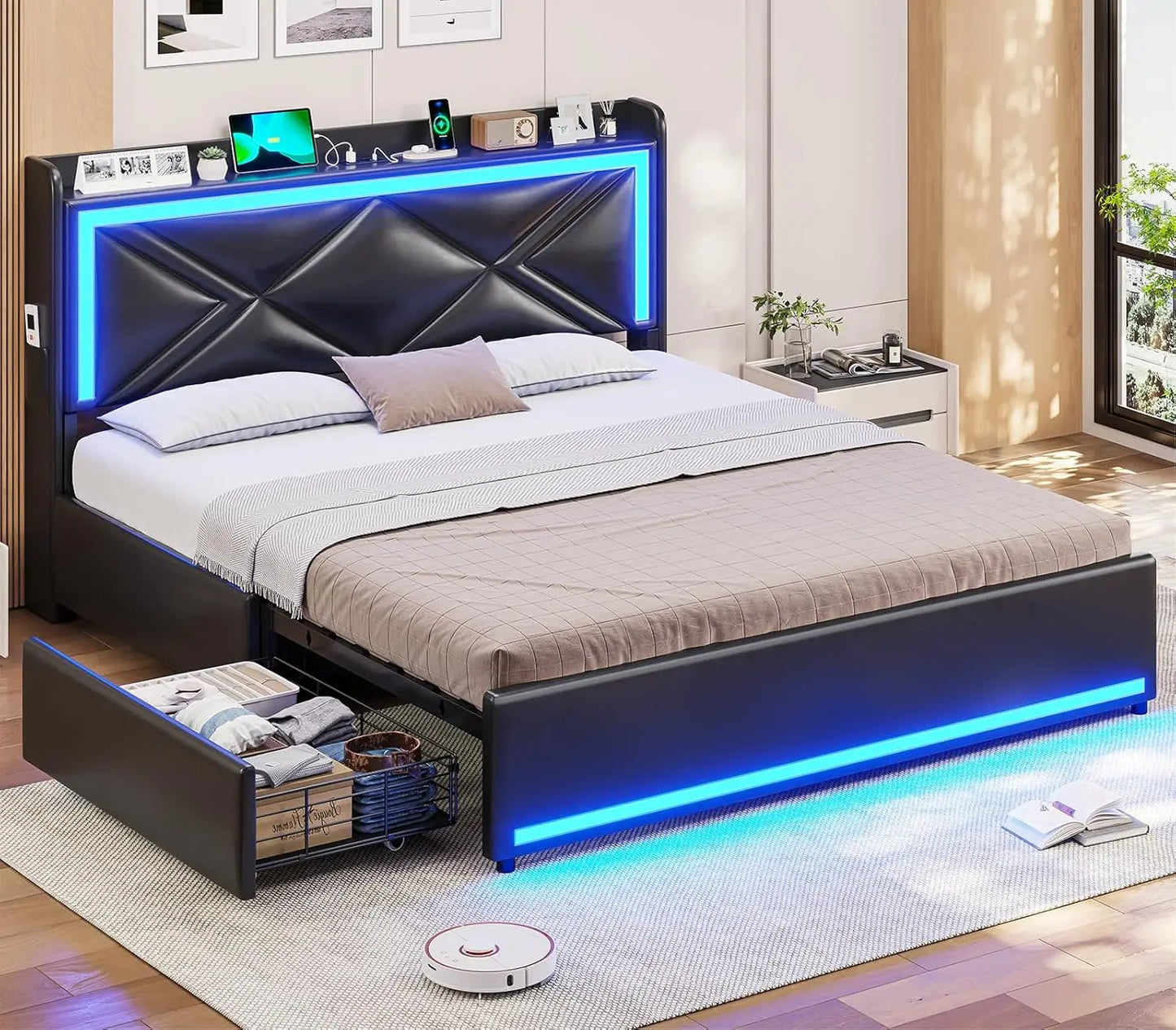 Bed Frame with Storage Headboard & 4 Drawers, Upholstered LED Bed Frame with Charging Station, Pu Leather Platform