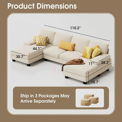 Sectional Couches for Living Room,U-Shaped Couch w/ Linen Fabric, 4 Seat Sofa Set w/ Double Chaise for Apartment (Fabric, White)