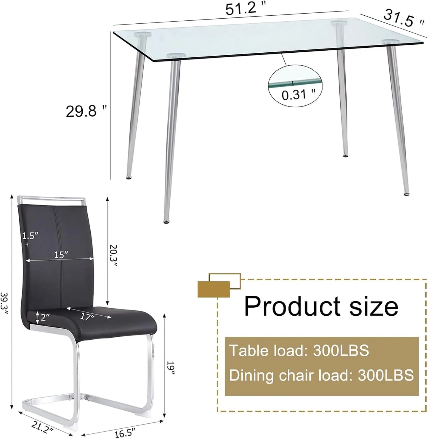 Glass Dining Table Set for 4,5 Piece Dining Table and Chairs Set，Modern Kitchen Dining Room Table with 4 Black PU Leather