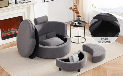 Round Oversized Swivel Barrel Chair with Base Storage for Living Room, 360°Modern Swivel Accent Chair with 3 Pillows for Home