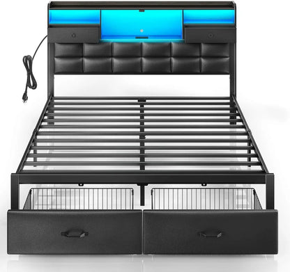 Bed Frame Full Size with Drawers and Charging Station, Upholstered Platform Bed with Storage Headboard and LED Light, Heavy Duty