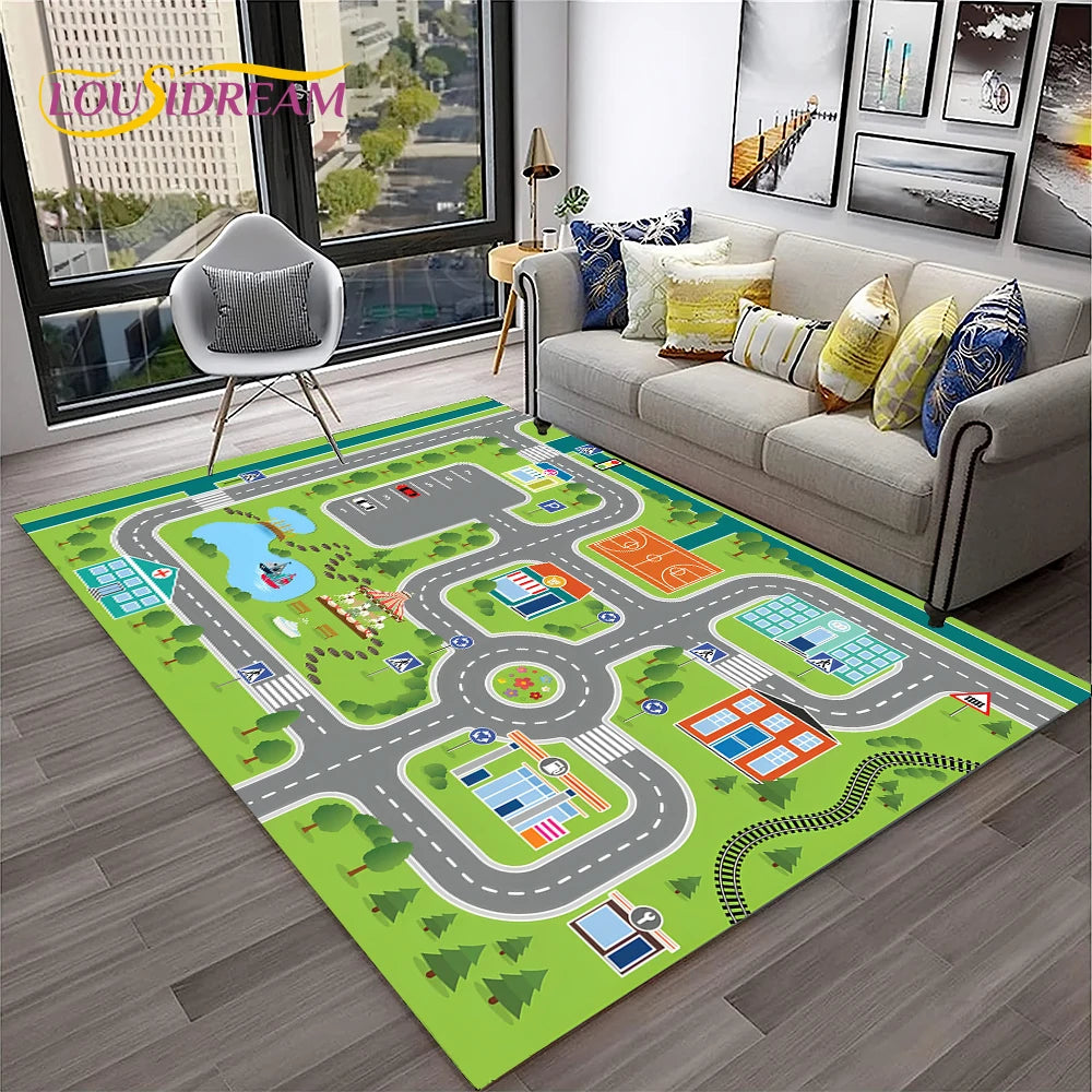 Child Playmat Traffic Highway City Playroom Carpet Rug for Home Living Room Bedroom Doormat Decor, Area Rug Non-slip Floor Mat