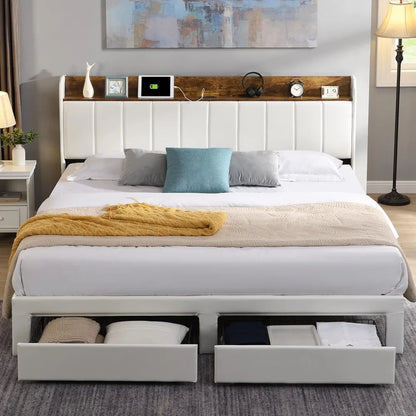 Upholstered Bed Frame Queen Size with Headboard with Storage Drawers & Charging Station,No Box Spring Needed/Heavy Duty