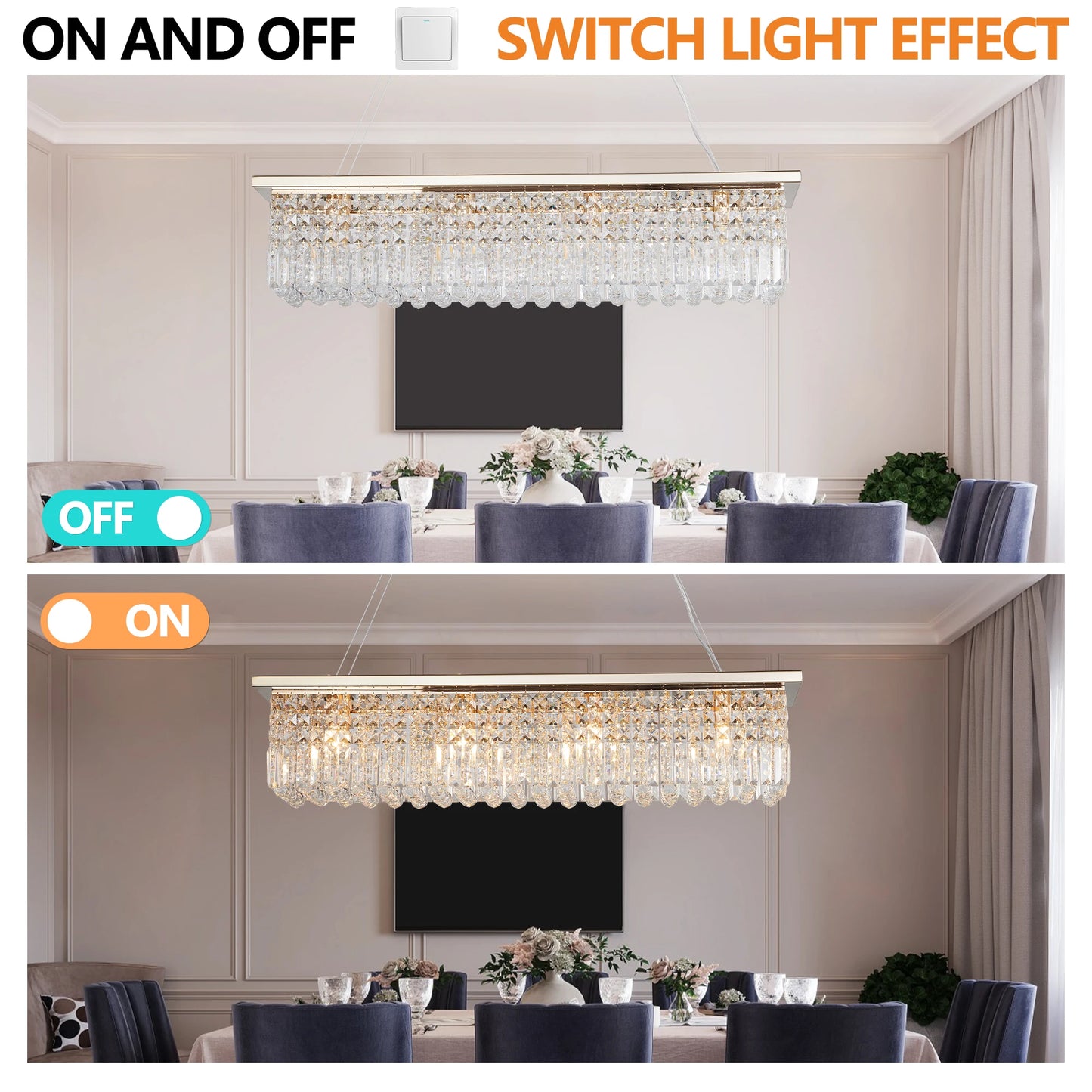 Modern Crystal Chandelier for Dining Room 8-Light  Rectangle Raindrop Chandelier Contemporary Rectangular Fixture Pendant Light
