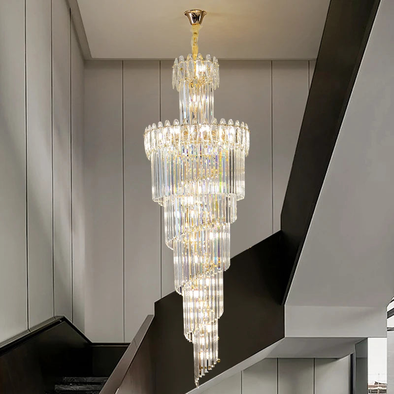 Post-Modern Duplex Villa Hall Crystal Chandelier Simple Light Luxury Jump Floor Floor Rotating Hollow Long Strip Crystal Chandel