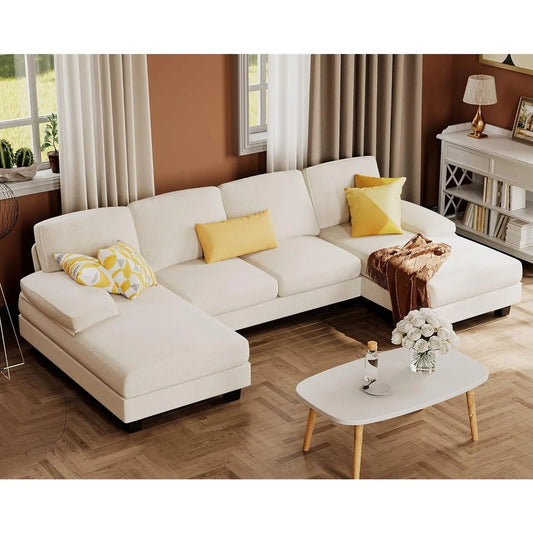 Sectional Couches for Living Room,U-Shaped Couch w/ Linen Fabric, 4 Seat Sofa Set w/ Double Chaise for Apartment (Fabric, White)