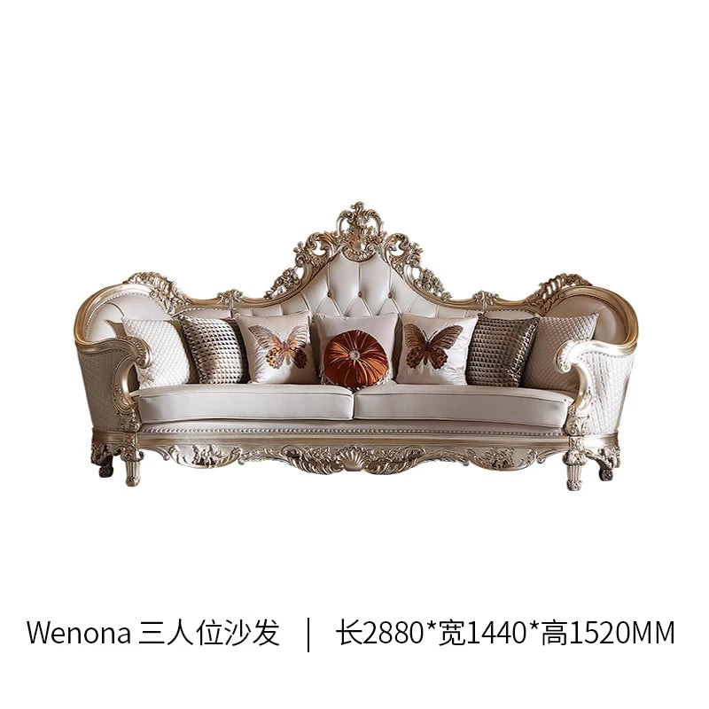 Leather Living Room Sofas Luxury European Beige Wooden Curved Modern Couch Double Lounge Designer Canape Salon Furniture