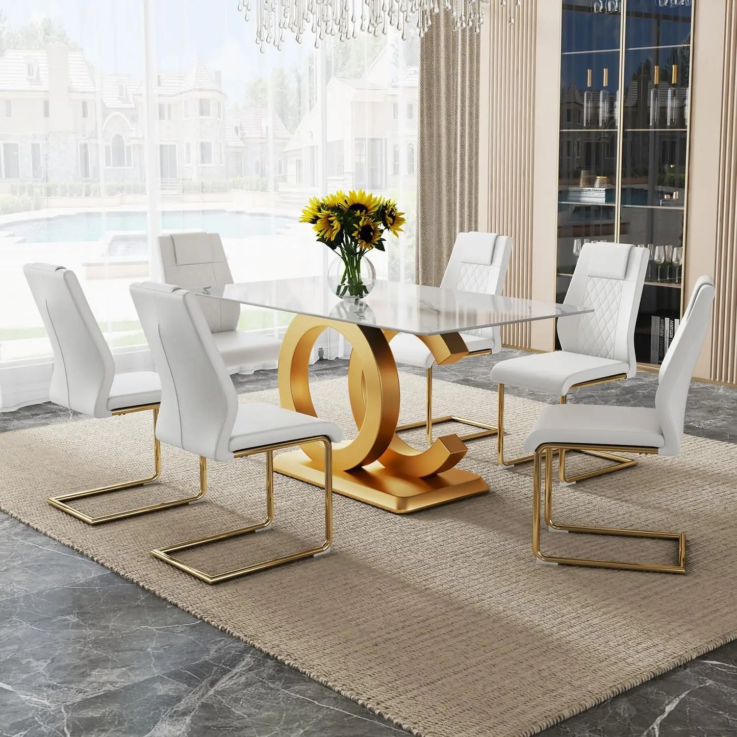 Dining Table Set for 6,Glass Table Top and MDF Base，Rectangular Dining Room Table with 6 PU Leather Upholstered Dining Chairs