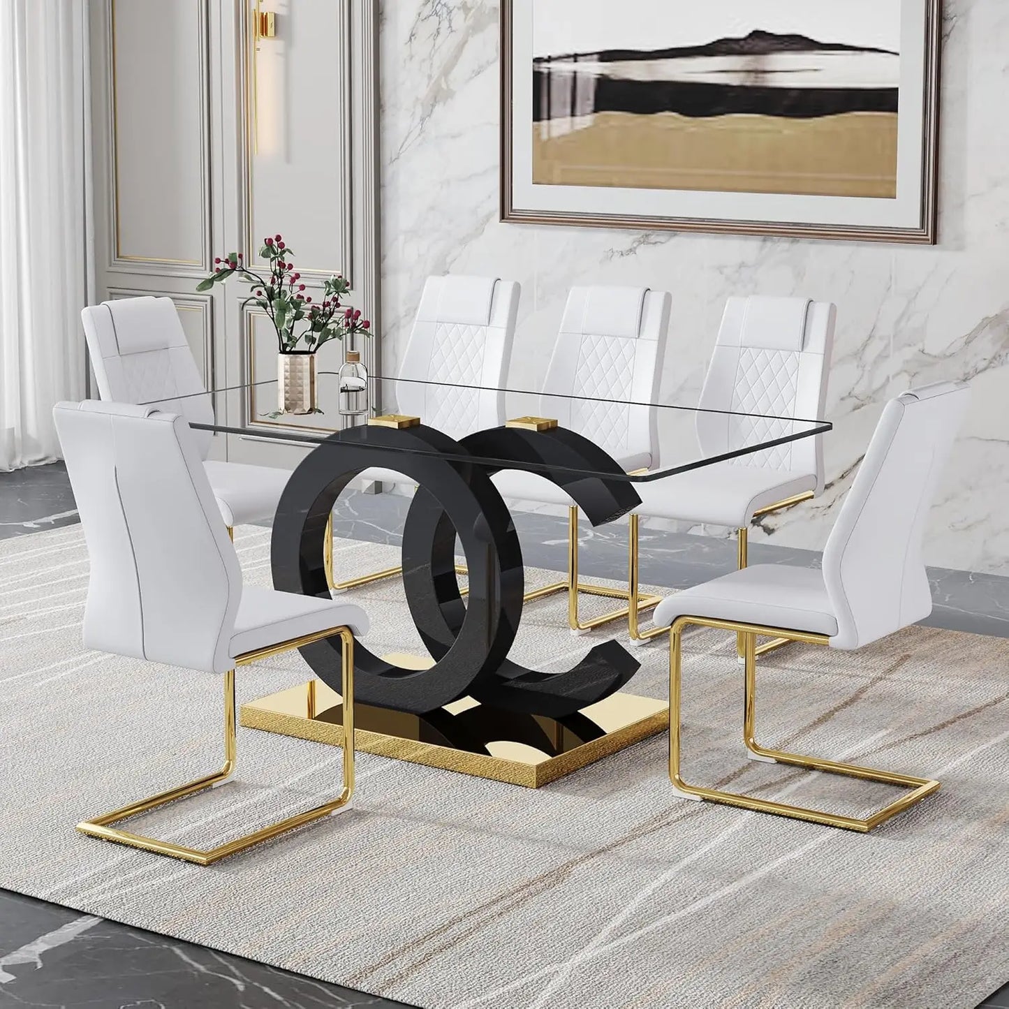 Dining Table Set for 6,Glass Table Top and MDF Base，Rectangular Dining Room Table with 6 PU Leather Upholstered Dining Chairs