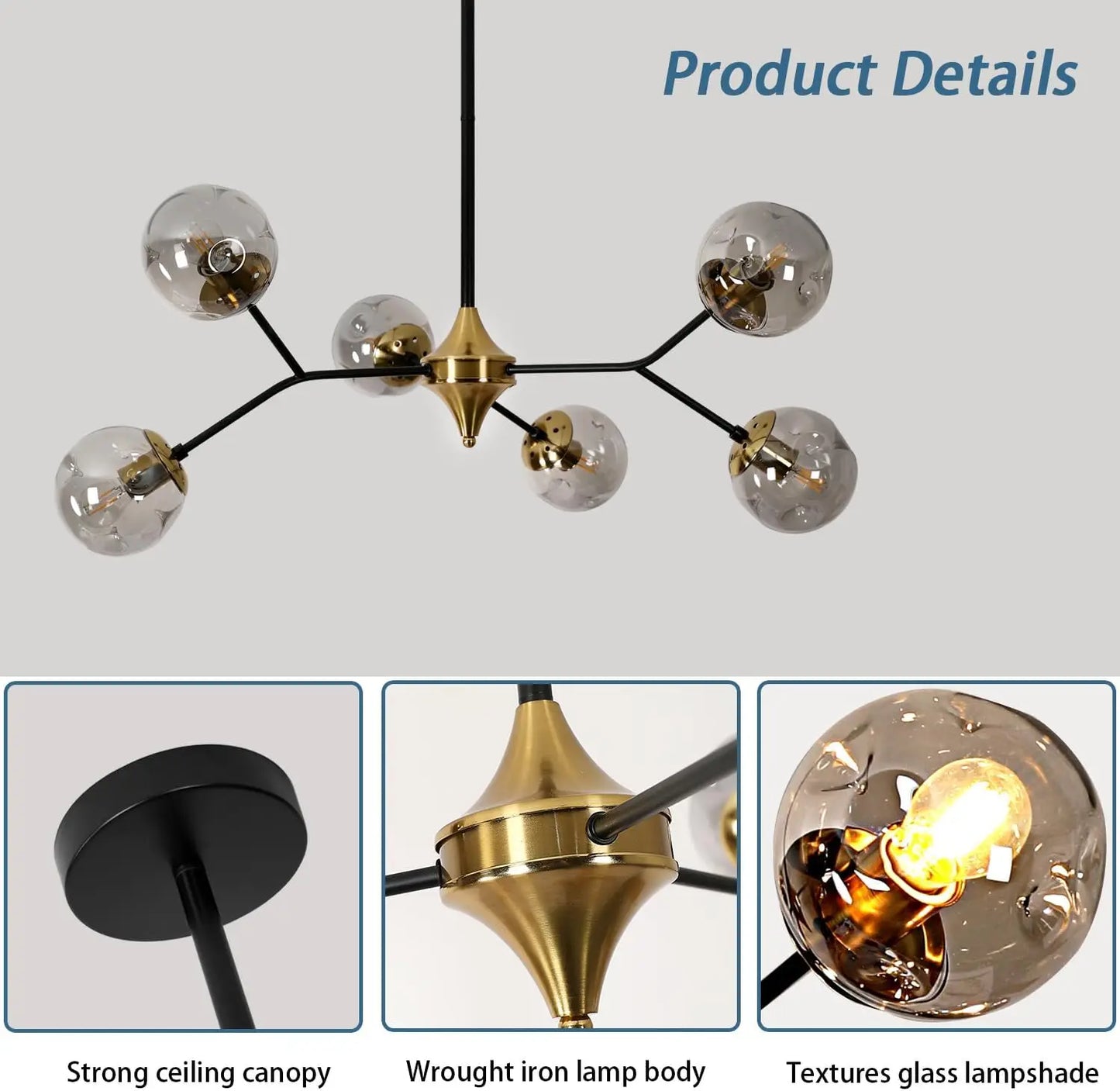 Glass Sputnik Chandelier, 6-Light Black and Gold with Smoke Gray Glass Lampshade Chandelier, E26 Mid Century Modern Pendant Ligh