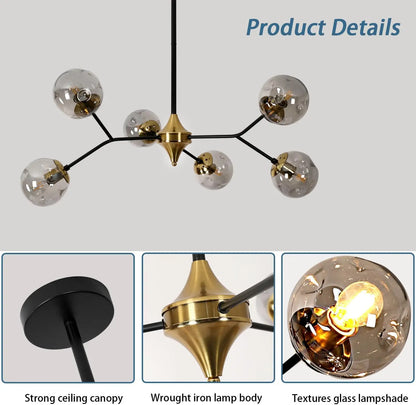 Glass Sputnik Chandelier, 6-Light Black and Gold with Smoke Gray Glass Lampshade Chandelier, E26 Mid Century Modern Pendant Ligh