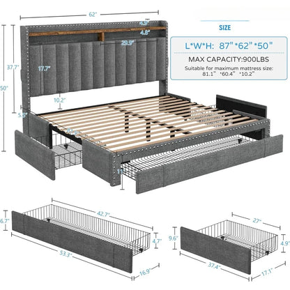 Bed Frame with 3 Storage Drawers,Queen Size Bed Frame with Headboard, Upholstered Platform Bed Frame Queen Size with Storage