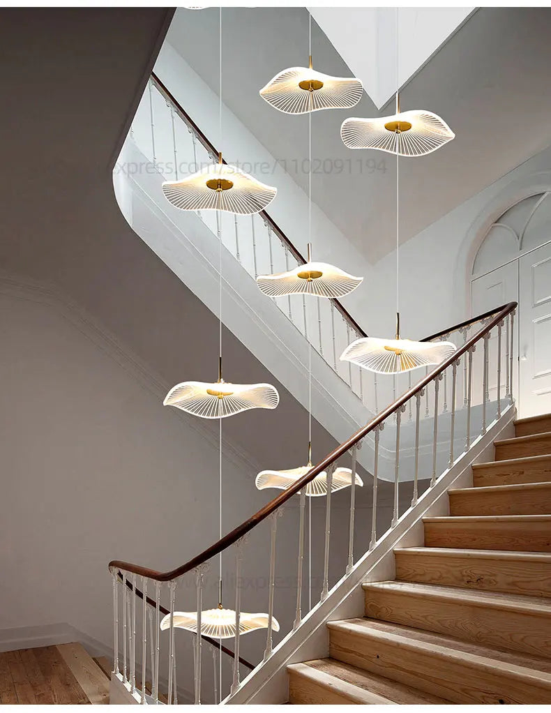 Led Staircase Pendant Lamp Modern Circular Lotus Leaf Living Room Chandelier Designer Villa Style Large Penthouse Chandelier
