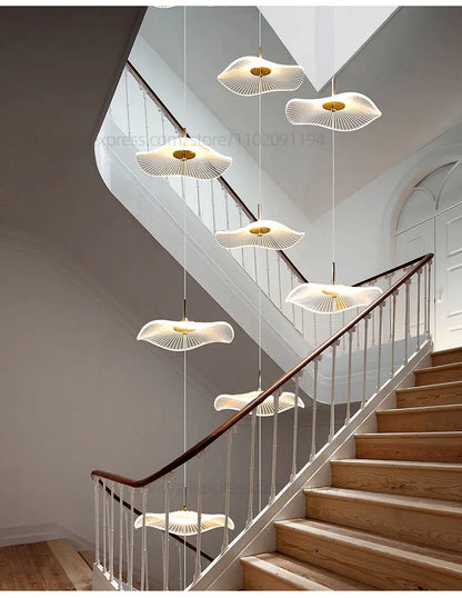 Led Staircase Pendant Lamp Modern Circular Lotus Leaf Living Room Chandelier Designer Villa Style Large Penthouse Chandelier