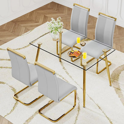 Glass Dining Table Set for 4,5 Piece Dining Table and Chairs Set，Modern Kitchen Dining Room Table with 4 Black PU Leather
