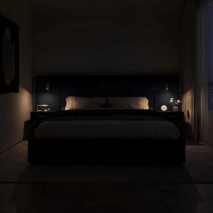 Luxury King Bed Frame with Built-in Gold LED Lights and Nightstands, King Size Platform Bed with Oversize Upholstered Headboard