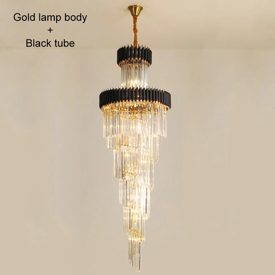 Large Top Long Crystal Led Chandeliers Hotel Hall Living Room Luxury Multi-layer Staircase Lighting Black Stainless Steel Light