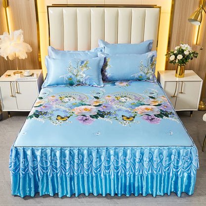 3pcs Set Luxury Classic Floral Bed Skirt with Pillowcase, Ice Silk Flower Print Bedding Set for Dorm, Bedroom, Guest Room Decor