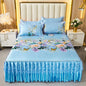3pcs Set Luxury Classic Floral Bed Skirt with Pillowcase, Ice Silk Flower Print Bedding Set for Dorm, Bedroom, Guest Room Decor