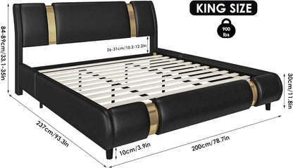 Modern Faux Leather Upholstered Platform Bed Frame with Golden Iron Metal Decor, Adjustable Curved Headboard, Queen Size, White