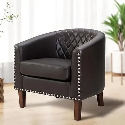 Comfy Accent Chair, Faux Leather Living Room Chairs Club Chair with Cushion, Nailhead Trim and Diamond Mesh Backrest